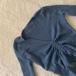 Blue pull through tie long sleeved cropped top